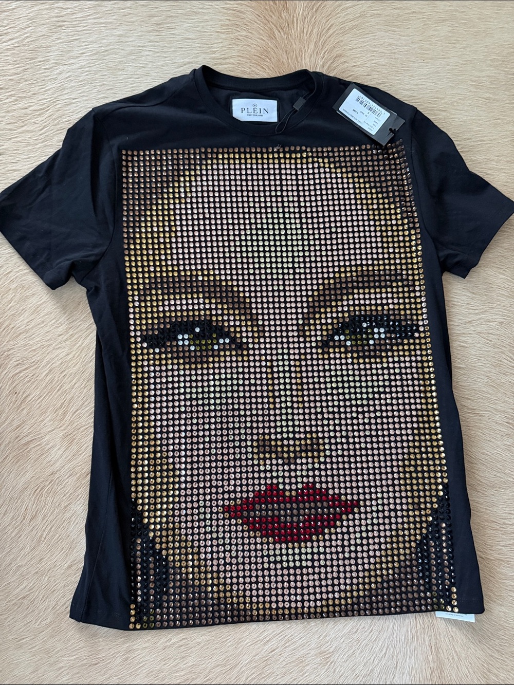 Philipp Plein Black Studded Tee with Gold Accents and Red Lips